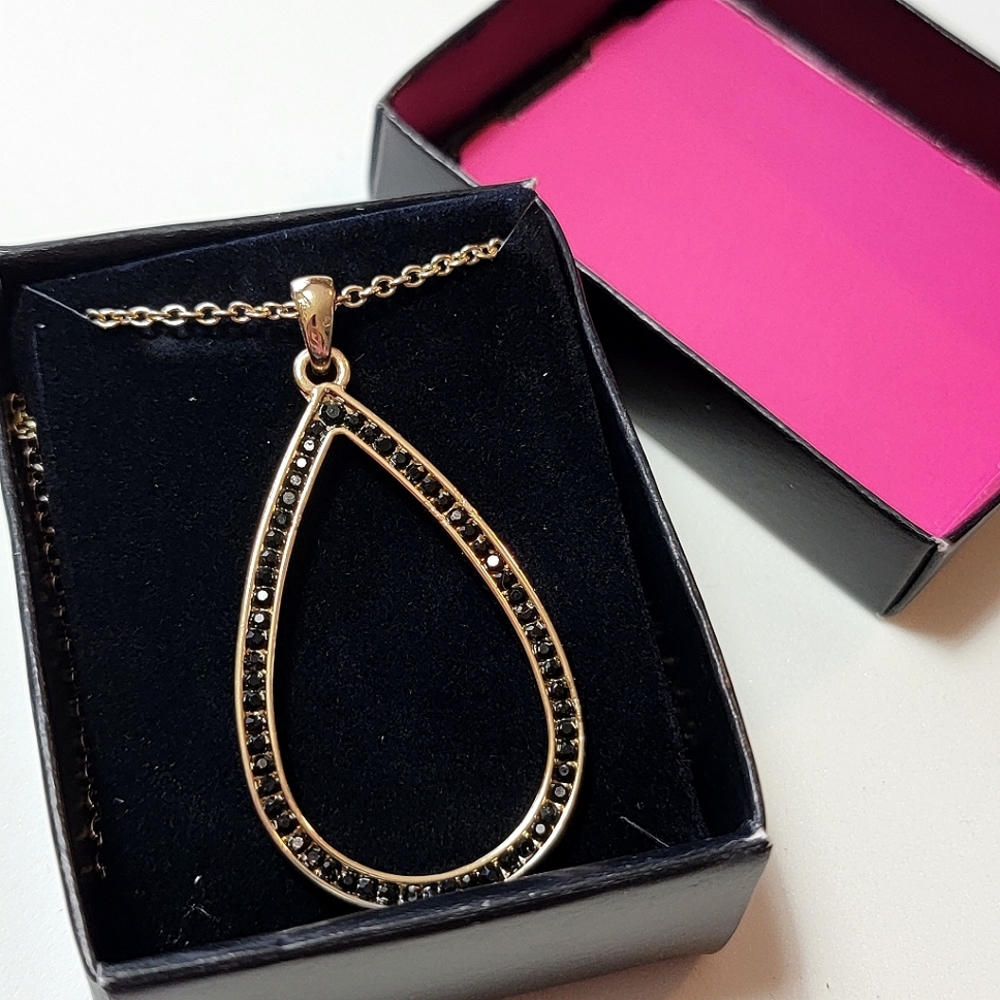 Brilliant Prestige Pendant Necklace Gold Tone Black Rhinestone Pave Avon 2016